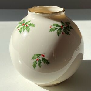 Vintage Christmas 4" Lenox Holiday Globe Bud Vase with Holly and Gold Trim